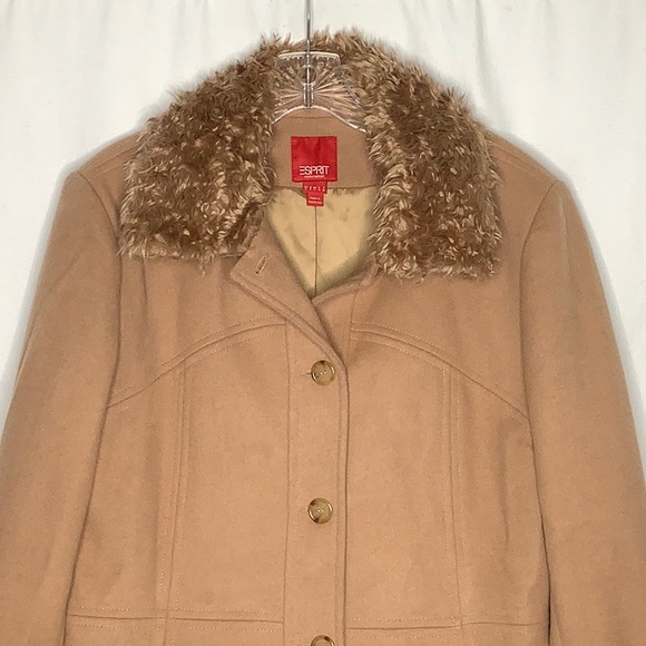 Vintage Esprit Penny Lane Style Tan Wool Coat With Faux Fur Trim Size L - Picture 3 of 16